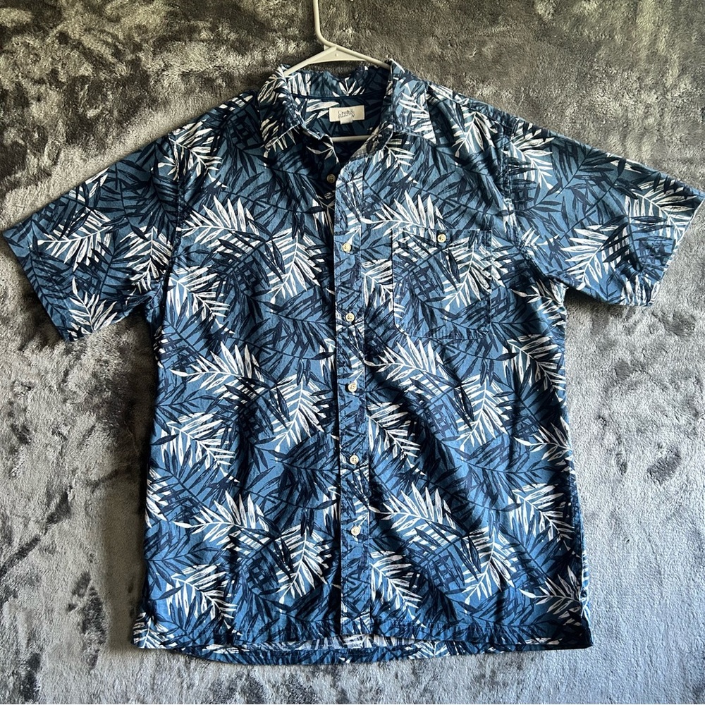 Croft & Barrow Hawaiian Shirt Mens L Blue Tropical Palm Beach Aloha Palm Leaves